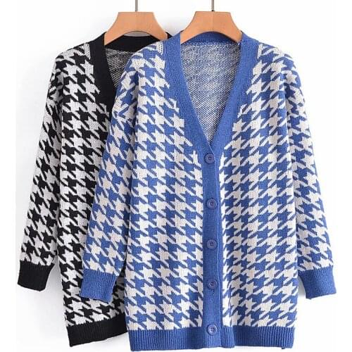 Aonibeier Autumn Winter Houndstooth Knit Cardigan Drop Shoulder Contrast Trims Woman Casual Long Loose Sweater Female Tops 20201