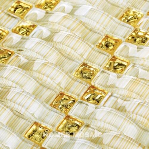 3D Crystal Glass mixed Gold Foil Mosaic Golden Color Arched Dense Grid Glass Tiles, Living room Tiles bathroom shower