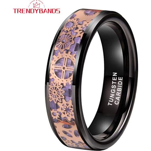 6MM Black Tungsten Wedding Band For Women Men Rose Gold Gear Purple Carbon Fiber Inlay Comfort Fit