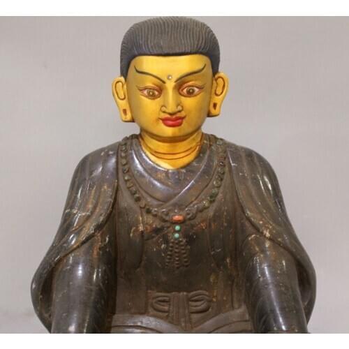9" Old Tibetan Buddhism Hand carving Stone 24K Gold Gem Lama Buddha Statue