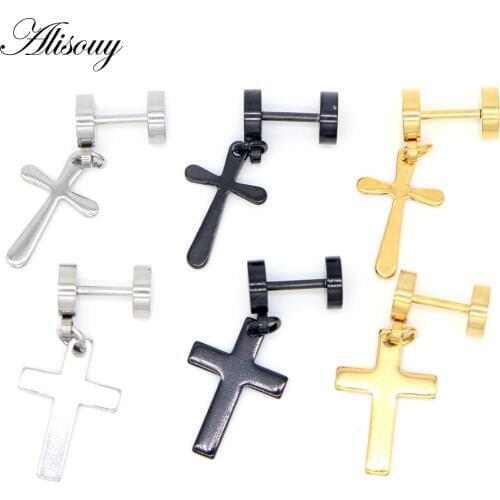 Alisouy 2PCS Stainless Steel Steel Black Gold barbells Cross Trendy Cool Women Men Stud Earrings For Men unisex earrings
