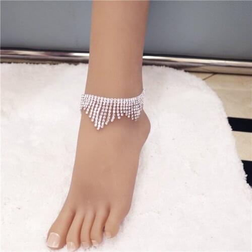 Bling Rhinestone Tassel Pendant Anklet Bracelets on Leg for Women Charm Sandals Anklet Chain Crystal Foot Jewelry Barefoot