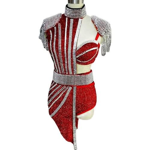 Sparkling Rhinestones Three-Piece Suit Embellished Chain Costumes Asymmetrical Sets Ladies Nightclub Performance Dance Costume