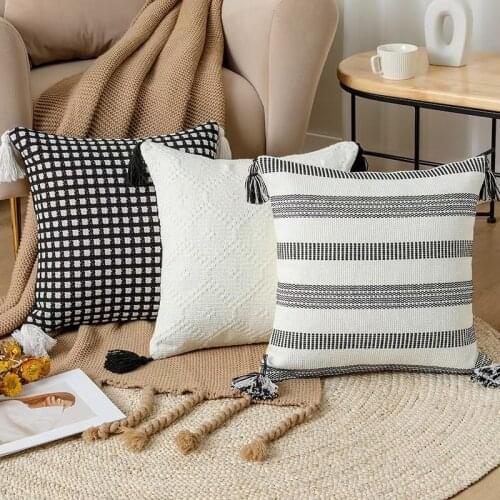 Boho Home Decor Black White Tassel Pillow Cover Lattice Pillowcase Four-corner Tassel Cushion Cover 45x45cm/30x50cm