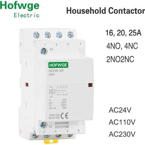 HCH8-25 Modular Contactor 4P 16A 20A 25A 4NO 4NC or 2NO2NC 220V Automatic Household Contactor Din Rail Type