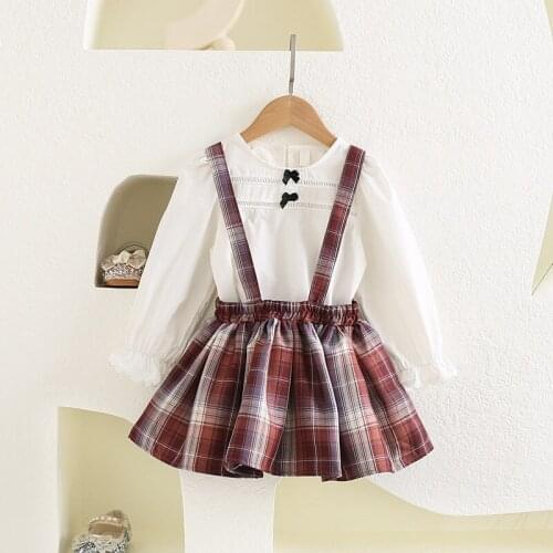 Girls clothing sets 2021 fall baby girls lace t shirt and plaid strapless dress 2pcs set kids outfits wholesale