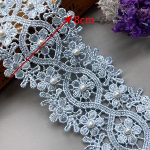 2 yard 8cm Blue Vintage Pearl Beaded Lace Trim Ribbon Fabric Embroidered Applique Patchwork Handmade DIY Wedding Sewing Craft