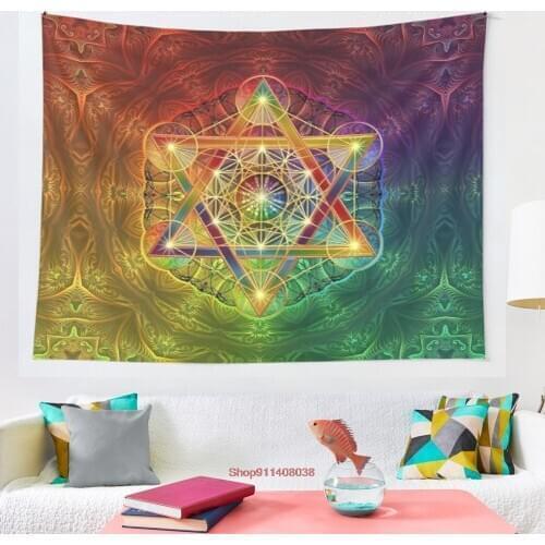 Metatron s Cube with Merkabah and Flower of Life tapestry Psychedelic Colorful Wall Hanging Tapestries Dorm Wall Art Yoga Mat