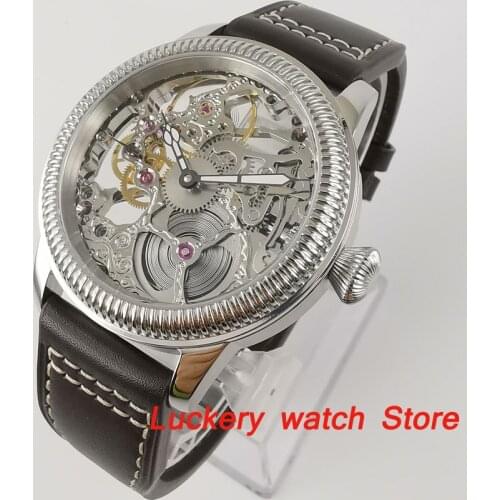 Parnis 44mm Men watch luxury Hollow Mechanical watch 17 jewels 6497 Manual-winding mechanical movement