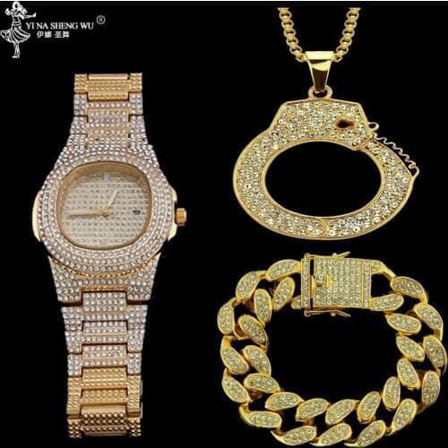 Hip Hop Men Gold Watch Jewelry Watch & Bracelet & Necklace Combo Set Pendant Ice Out Cuban Bracelet Bling Men Rapper Jewelry