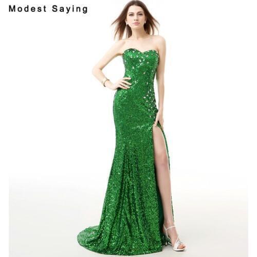 New Arrival 2017 Sexy Split Beaded Evening Dresses with Rhinestone Formal Green Evening Gowns Mermaid Long Party Prom Gowns