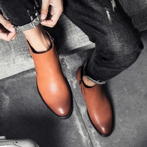 Elevator Shoe Size 45 Black Leather Boots Men Shoes Casual Business Grey Brown Leather Shoes Men Ankle Boots Cowboy Boots Flats