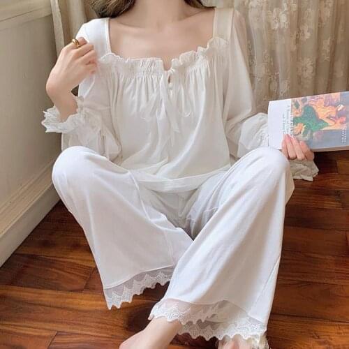 Autumn French pajamas set cotton White Nightwear Women long Sleeved Homewear Cute kawaii Lace Nightgowns Princess sleepwear