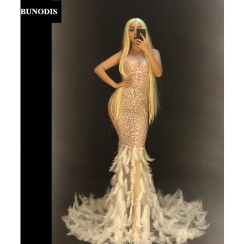 ZD439 2019 New Women Sexy Net Yarn Long Skirt White Feather Sparkling Crystals Nightclub Birthday Party Stage Wear Singer Bling
