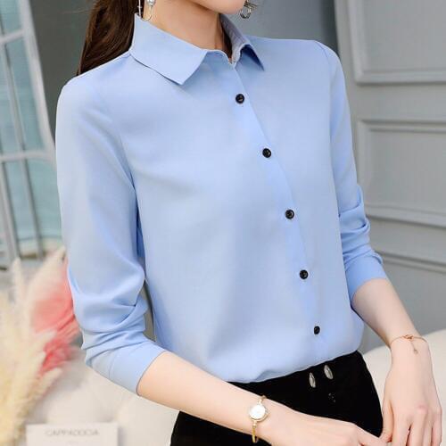 Women Blouse Spring Summer Long Sleeve Lapel Casual Chiffon Solid Color Blouse Workwear