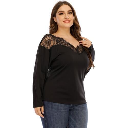 Large Size Women Sexy See-through Lace Deep V Neck Backless Fashion Bottoming Shirt Versatile T Shirt Female