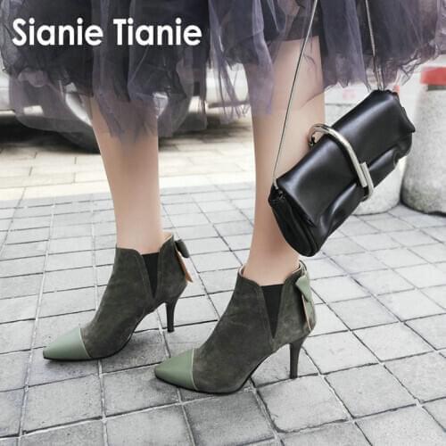 Sianie Tianie sweet girls green short boots fashion pointed toe thin high heels winter woman shoes bowtie ankle boots for women