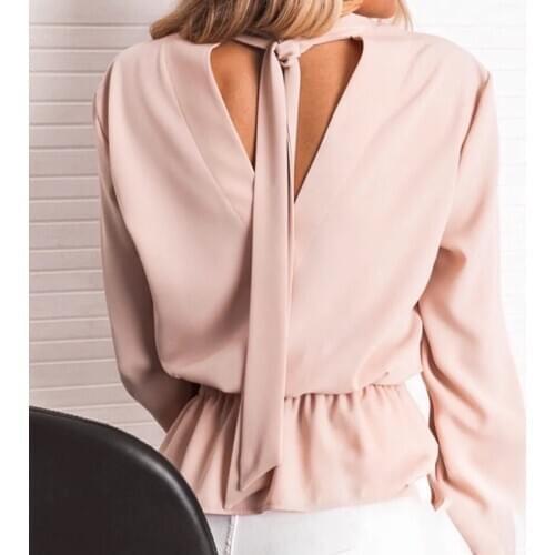 Fashion Pullover Blouse For Women Casual Bandage Collar Flare Sleeve Elestic Waist Sexy Backless Shirt Elegant Solid Tops Female