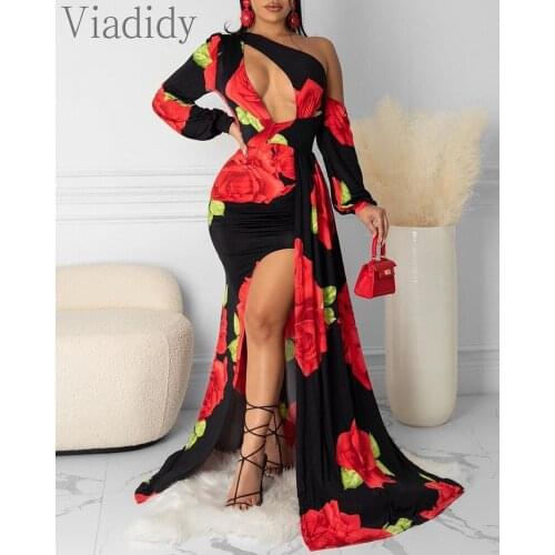 Women Sexy Long Sleeve Off Shoulder Front Cut Out Floral Print Maxi Party Dress