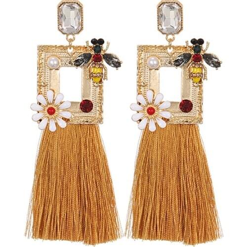 ZHINI Bohemian Crystal Long Tassel Dangle Earrings For Women Vintage Gold Earring White Flower Handmade Dangle Earring Jewelry