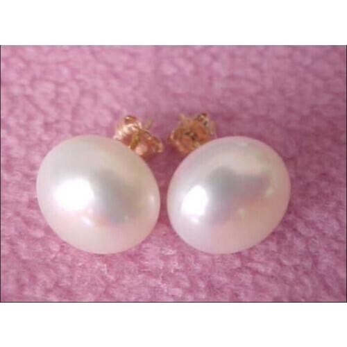 Free shipping Beautiful A pair of natural 11-12mm south seas white pearl earring 14k/20 yellow go