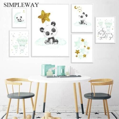 Baby Kids Canvas Wall Art Print Panda Balloon Painting Nordic Nursery Poster Mint Green Decorative Picture Child Bedroom Decor