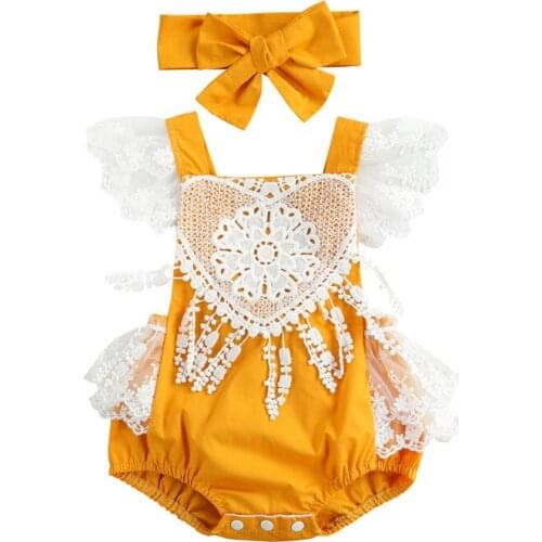 Infant Flying Sleeve Romper with Bow Hairdress, Lace Flower Decoration Elasticated Trouser Legs Summer Clothing