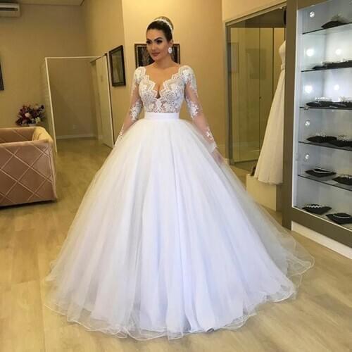 Elegant Regular Ball Gown wedding dresses with long sleeve V neck lace appliques and floor suit for weeding dress