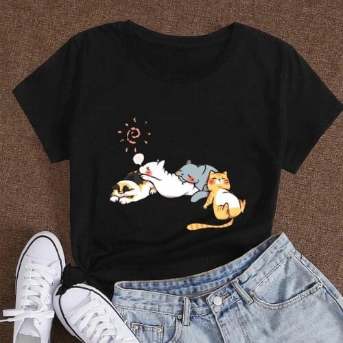 Cotton 100% Womens T Shirt Summer Short Sleeve Nap Cat Print Fashion Kawaii Female Clothes Casual O-Neck Tshirt Ladies Tee Tops