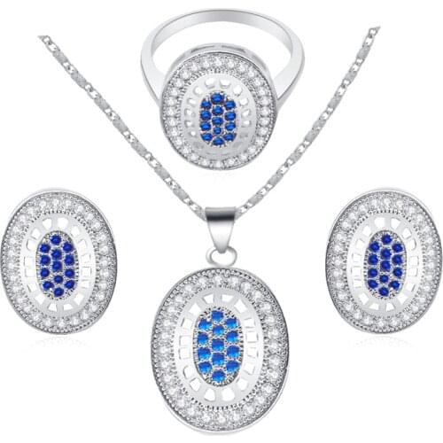 ROLILASON Glittering Blue Zircon filled Fashion jewelry AAA zircon Jewelry Sets Earrings Necklace rings sz #6 #7 #8 JS551