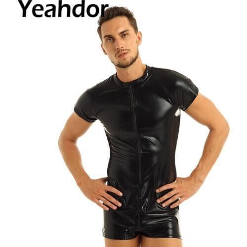 Mens Black Patent Leather Bodysuit Short Sleeves Front Zipper One-piece Patchwork Leotard Jumpsuit with Mesh Side Male Clubwear