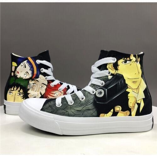 Wen Classic Black Anime Hand Painted Shoes Design Cowboy Bebop Custom High Top Mens Canvas Sneakers Womens Athletic Board Shoes