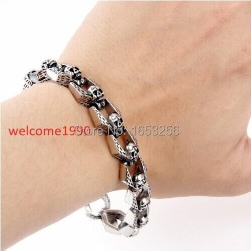 Punk rock Jewlery Stainless steel Biker Skull Link Chain Bracelet For Men Boy Gifts 15mm 8.66