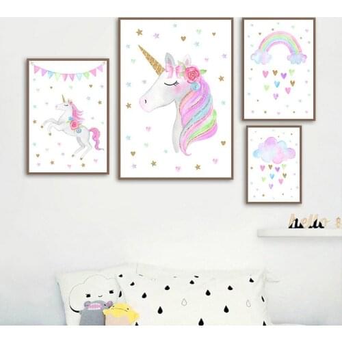 Rainbow Unicorn Wall Art Prints Baby Nursery Posters Cute Wall Art Canvas Paintings Picture For Girl Kids Bedroom Decoration