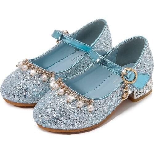 Elsa Cosplay Shoes For Girls Princess Children Dress Shoes Kids Lather High Heels For Wedding Party Performance Pearls Beading