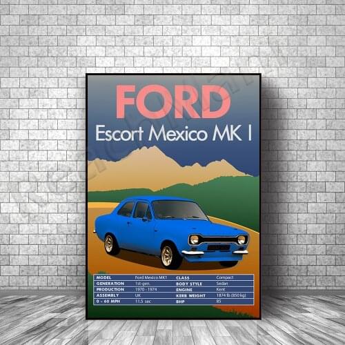 Retro Vintage Classic Car Poster Ford Escort Mexico Mk1 Modern Home Canvas Art Deco Wall Poster, Gift for Car Lovers