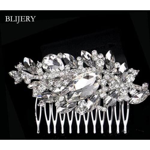 BLIJERY Luxury Big Crystal Floral Brides Hair Combs Wedding Hair Jewelry for Women Silver Color Hairpins Bridal Hair Accessories
