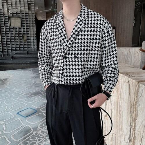 Autumn Fashion Lattice Shirt Men Thousand Bird Grid Long Sleeve Business Formal Dress Shirt Mens Double Breasted Shirts For Men