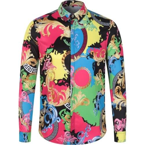 2021 Fashion Trends Floral Print Royal Court Shirts Men Long Sleeve Slim Fit Club Party Prom Printed Mens Shirt Chemise Homme