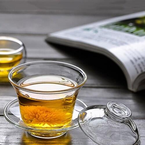 Glass Cover Bowl Heat-Resistant Glass Transparent Three-Handed Bowl Hand-Held Tea Bowl Heat-Resistant Tea Set Accessories Suit