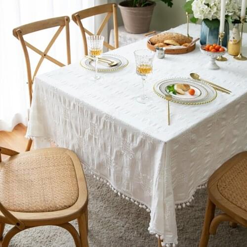 Wedding Decorations Tablecloth Cotton and Linen Cut Flowers Wool Ball Tassel White Table Cloth Coffee Table for Living Room