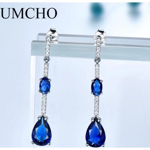 UMCHO Solid 925 Sterling Silver Drop Earrings For Women Blue Sapphire Earrings Wedding Handmade Jewelry Simple Modern Gift