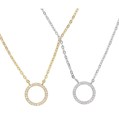 High quality AAA CZ PAVED circle round charm necklace real s925 silver gold silver color for girls wedding tiny delicate necklac