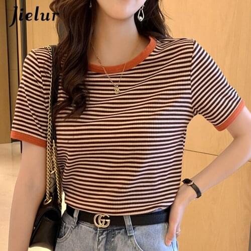 Jielur Korean Style Striped Contrast Color Womans T-shirts O-Neck Loose T Shirts for Women 2021 New Thin Skinny Top Female S-XL