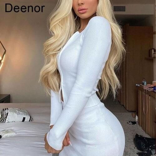 Deenor Ribbed Knitted Zip Up T-shirt Ribbed Knitted Outwear Short Fall Warm 2pcs Suit Casual Sexy Women Spring Autumn Crop Tops