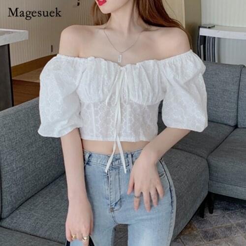 Korean Summer 2021 Women Cotton Shirt Off Shoulder Solid Slash Neck Short Tops for Women Sexy Slim Puff Sleeve Shirt Blusa 14913