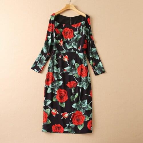 European and American womens wear new autumn 2022 Long sleeve square collar Fashion rose print black dress