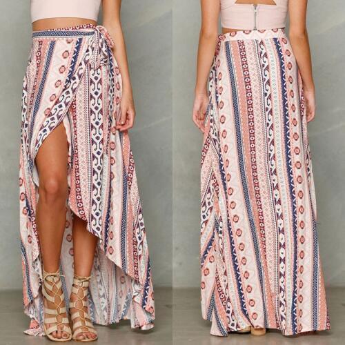 Women Summer Boho Skirt Sexy Irregular Vacation Split Skirts Kaftan Bandage Chiffon Split Skirt Floral Long Maxi Beach Skirts