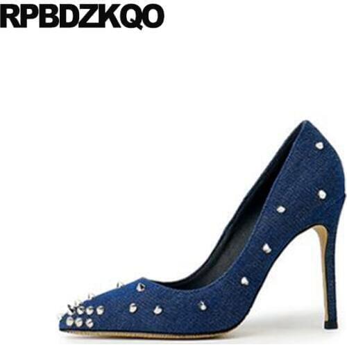 Big size high heels designer korean canvas shoes women blue ultra pointed toe super 8cm rivet extreme pumps scarpin stud denim
