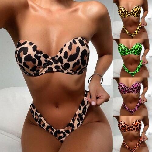Womens Summer Beaches Leopard Printed 2Pcs Bikini Suit Strapless Low Neck Bustier Tops with Triangle Bottoms